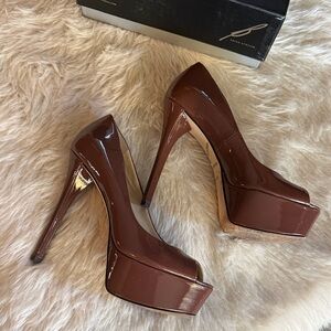 Brian Atwood Glossy Brown Platform Heels